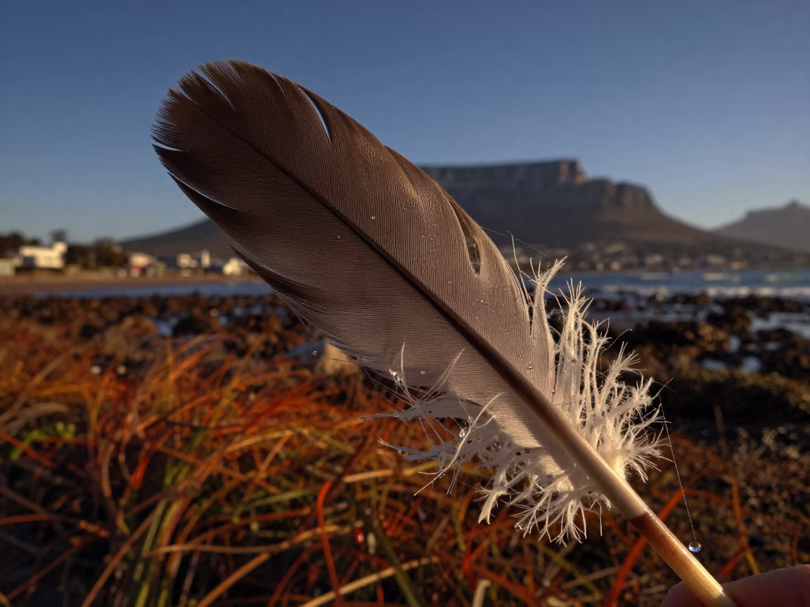 Feather Tangled in Spider Silk at Midnight in beside a tidal inlet near Observatory, Cape Town