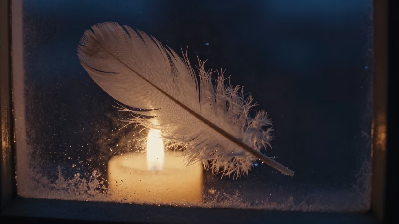 Feather Vane Barbs on Frost Window Night in along a frost-edged windowpane in Yerevan