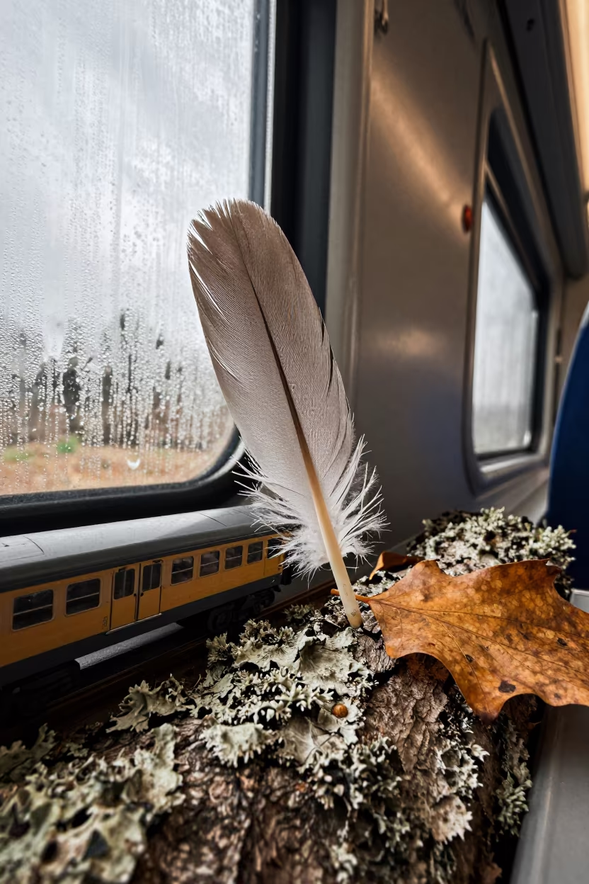 Feather Vane and Embedded Train Car in Autumn in on lichen-covered bark in Brisbane
