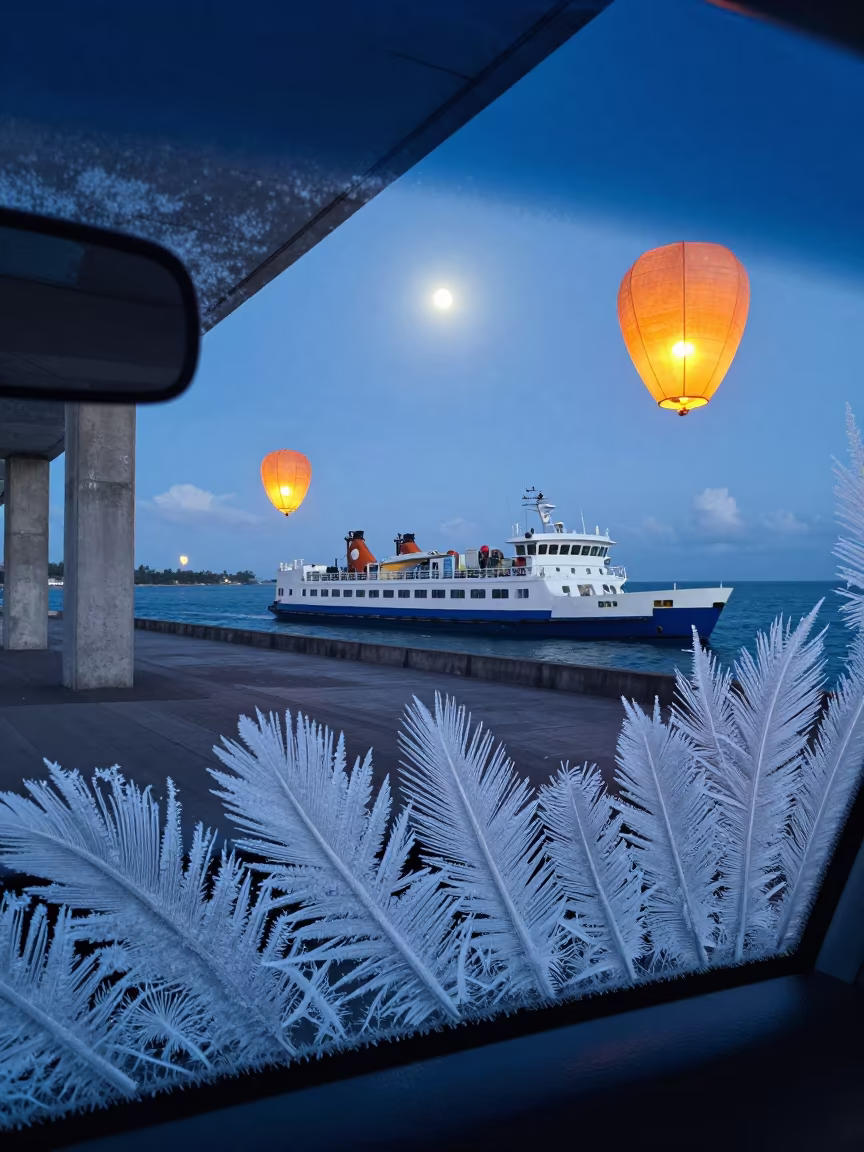 Feathered Frost and Giant Lanterns on Ferry Windshield in across a remote ferry crossing in Mauritius