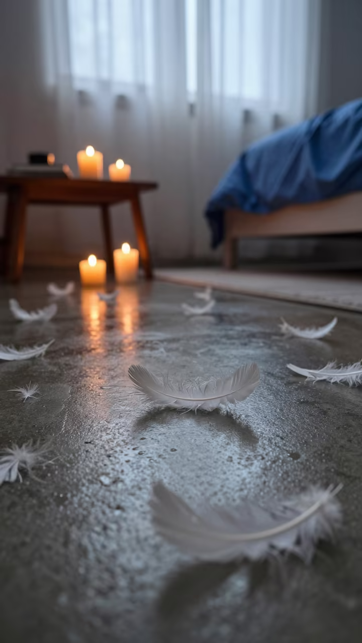 Feathers scattered on bedroom floor after pillow fight in in a candlelit bedroom in Pune