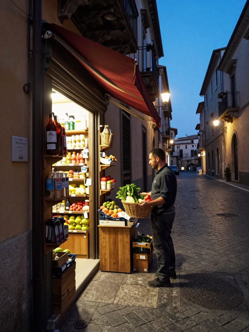 Featuring Shopkeeper at Twilight in Palermo in in Palermo, Italy