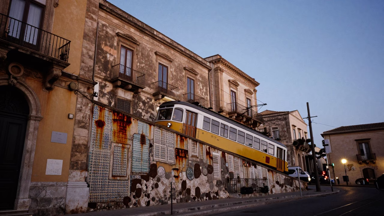 Featuring Tram in Palermo at Twilight in in Palermo, Italy