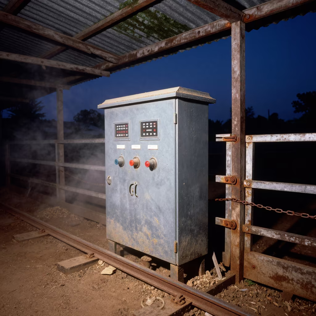 Feed Auger Control Box Before Dawn in Karnataka Ranch in inside a ranch corral in Karnataka