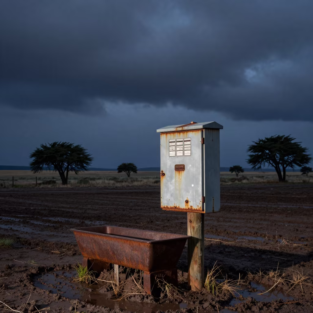 Feed Auger Control Box in Predawn Monsoon Shadow in near a windbreak and water trough in California