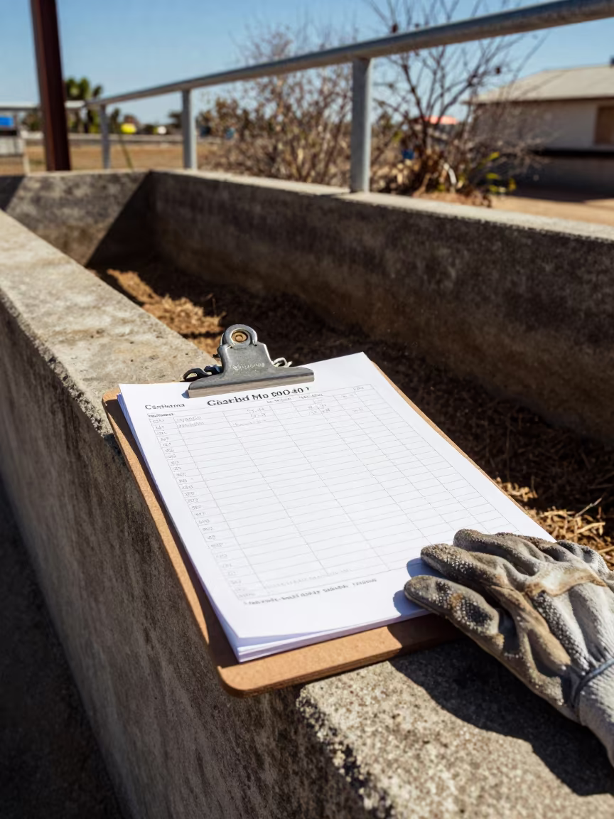 Feed Bunk Score Clipboard in Castile Feedlot in along a feedlot lane in Castile