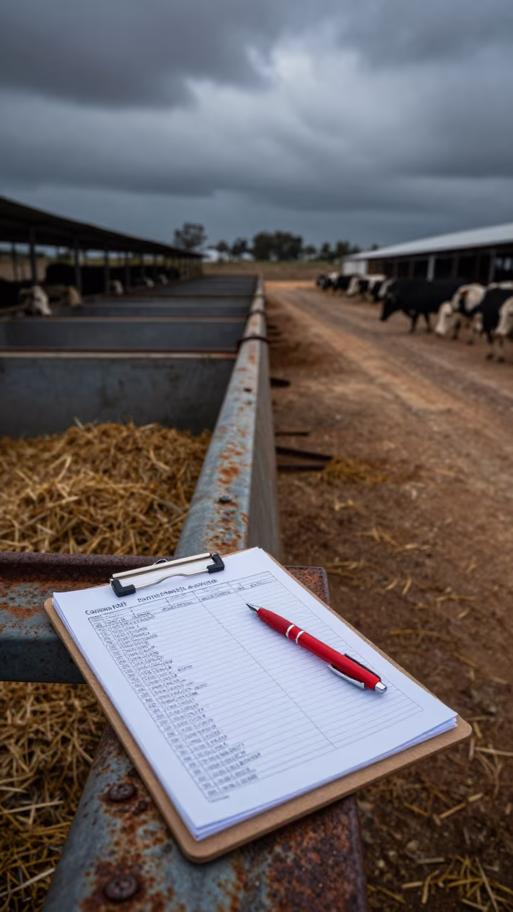 Feed Bunk Score Clipboard in Central African Republic Stockyard in at a stockyard loading ramp in Central African Republic