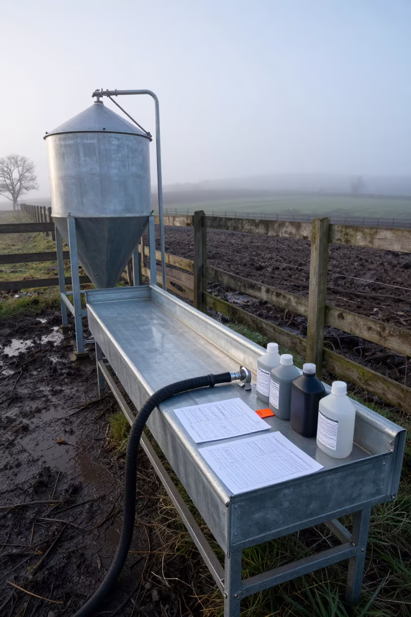 Feed Mill Scale Bench in Yorkshire Winter Dawn in along a muddy paddock fence in Yorkshire
