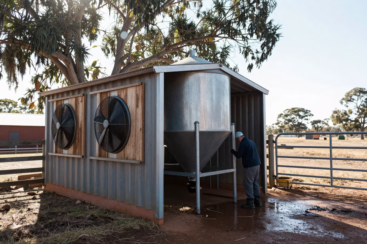 Feed Mixer Bay After Washdown Under Winter Rain in beside a pasture gate in the Outback
