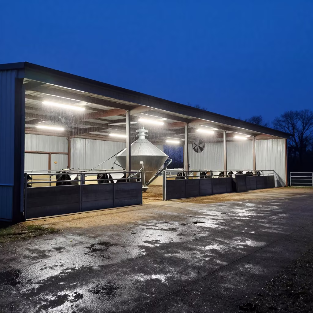 Feed Mixer Bay Under Evening Blue Light in inside a ranch corral in North Carolina