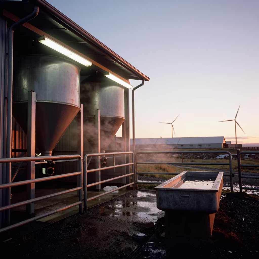 Feed Mixer Bay in Icelandic Midnight Sun in near a windbreak and water trough in Iceland