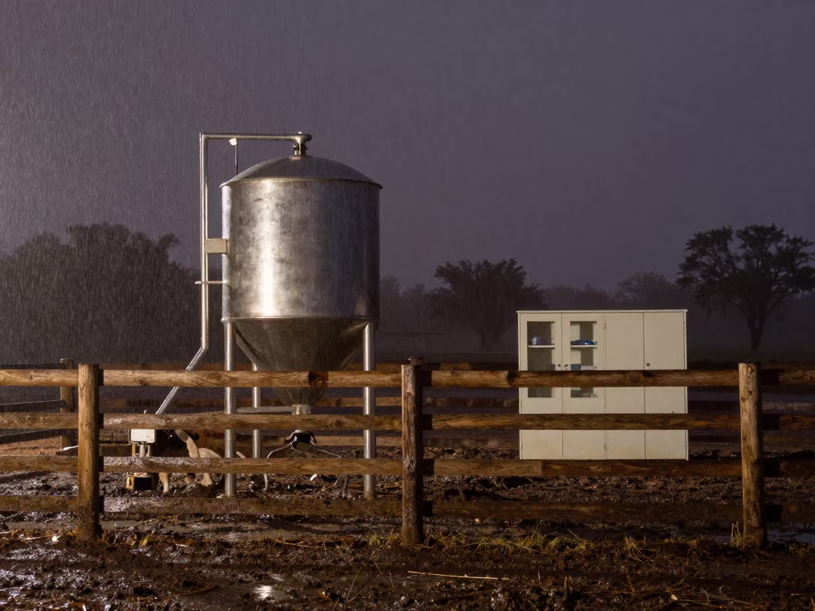 Feed Mixer Bay Under Predawn Starlight in Bahia in along a muddy paddock fence in Bahia