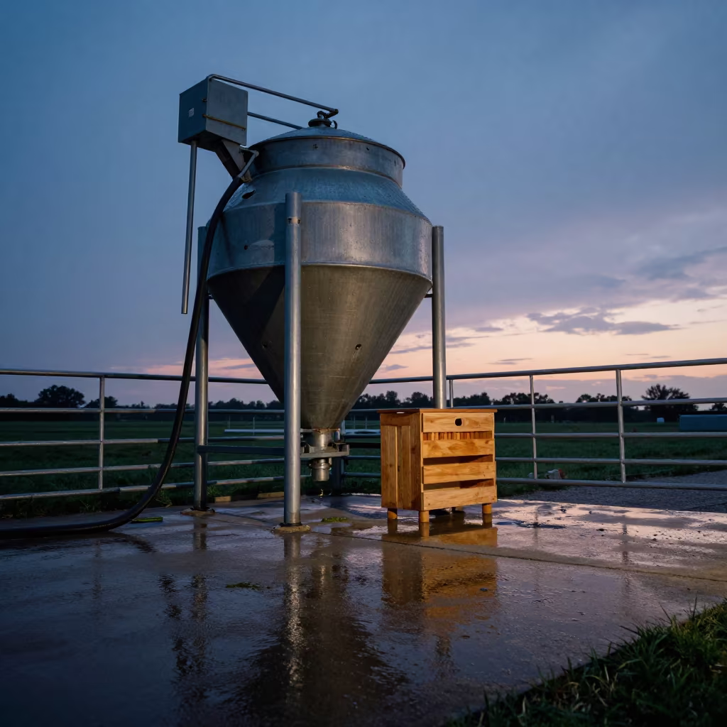 Feed Mixer Bay Twilight Washdown After Rain in beside a pasture gate in Illinois