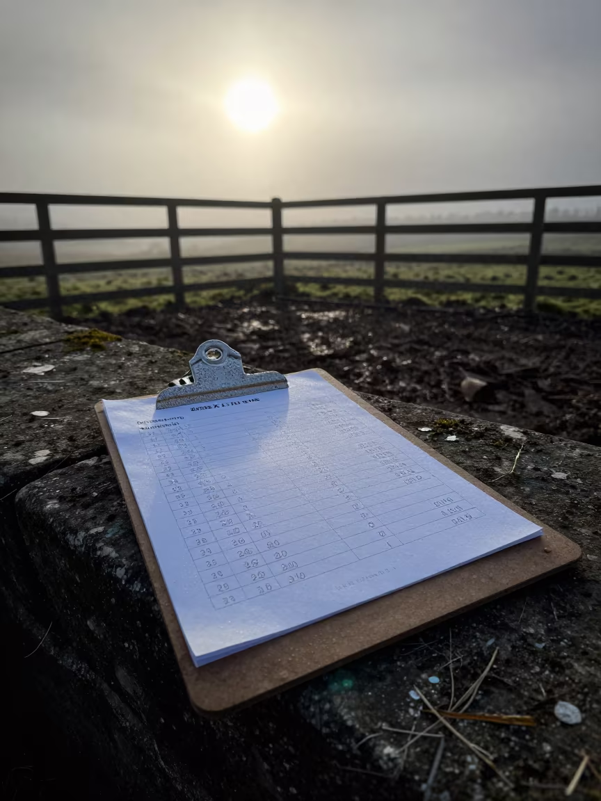 Feed Score Clipboard in Highland Corral Dawn in inside a ranch corral in the Scottish Highlands