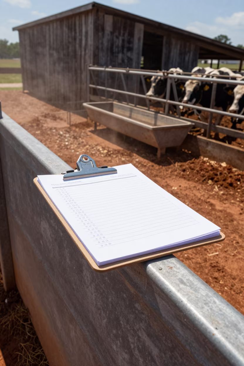 Feed Score Clipboard in Mississippi Dry Season in near a windbreak and water trough in Mississippi