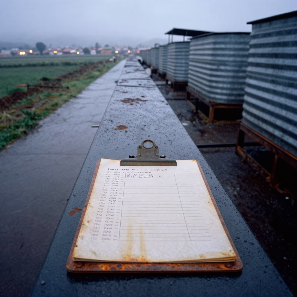 Feed Score Clipboard on Rainy Stockyard Ramp Pernambuco in at a stockyard loading ramp in Pernambuco