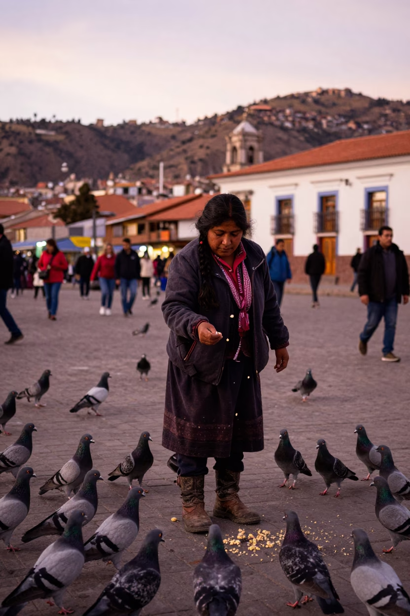 Feeding Pigeons in La Paz at Copper-toned Light Before Dusk in in La Paz, Bolivia