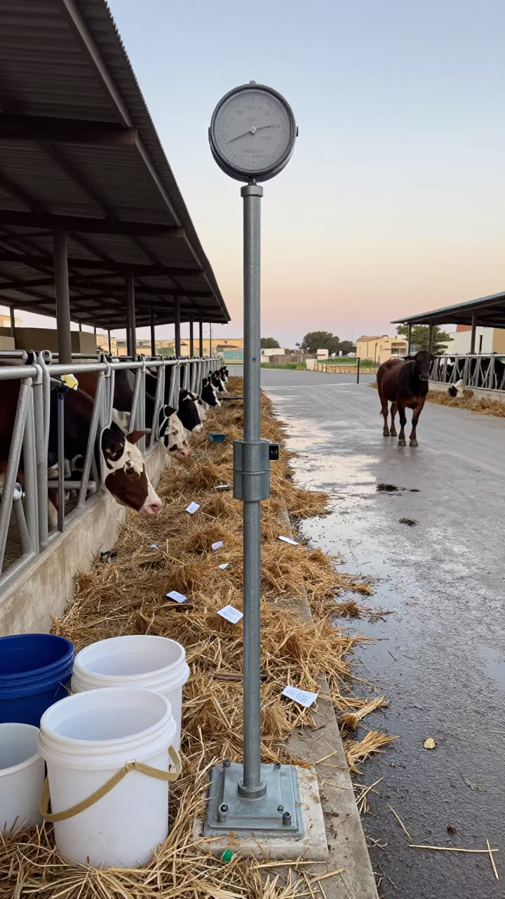 Feedlot Height Gauge With Straps and Buckets in along a feedlot lane in Malta