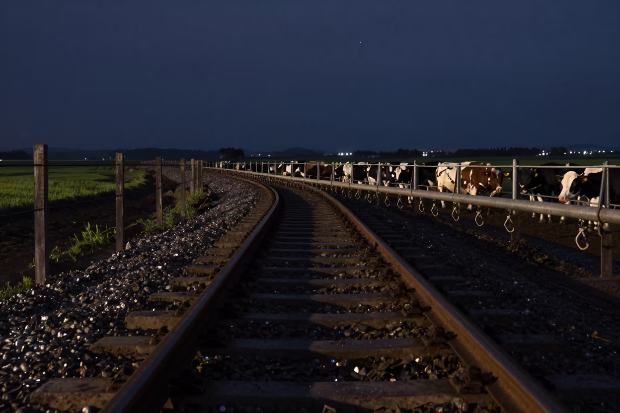 Feedlot Sorting Rail Under Starlight in along a feedlot lane in Chugoku