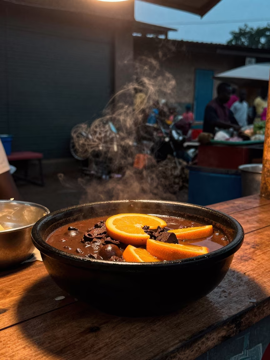 Feijoada Bowl with Orange Slices at Bamako Market in at a market stall counter in Bamako