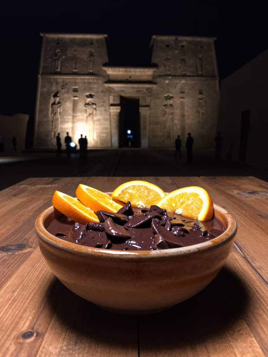 Feijoada Bowl with Orange Slices on Edfu Table in on a rustic wooden table in Edfu