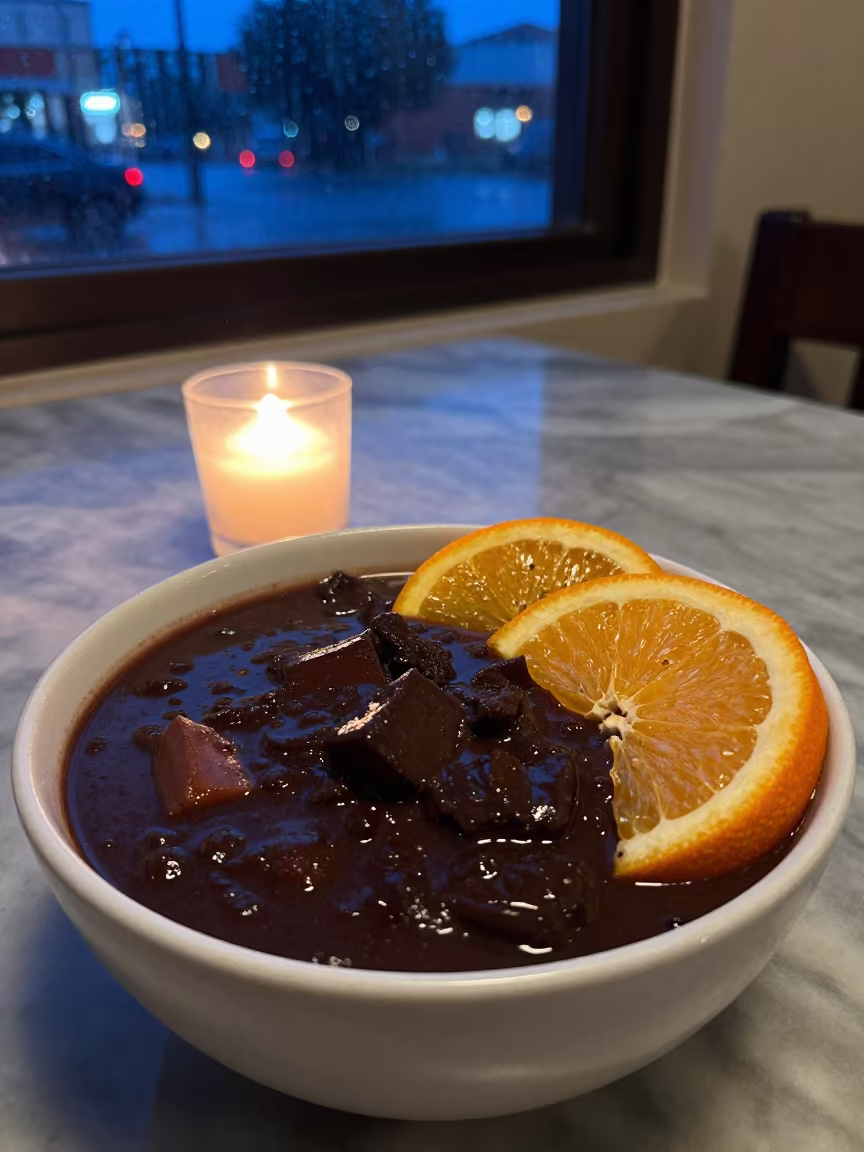 Feijoada Bowl with Orange Slices on Marble Table in on a marble cafe table in Kenema