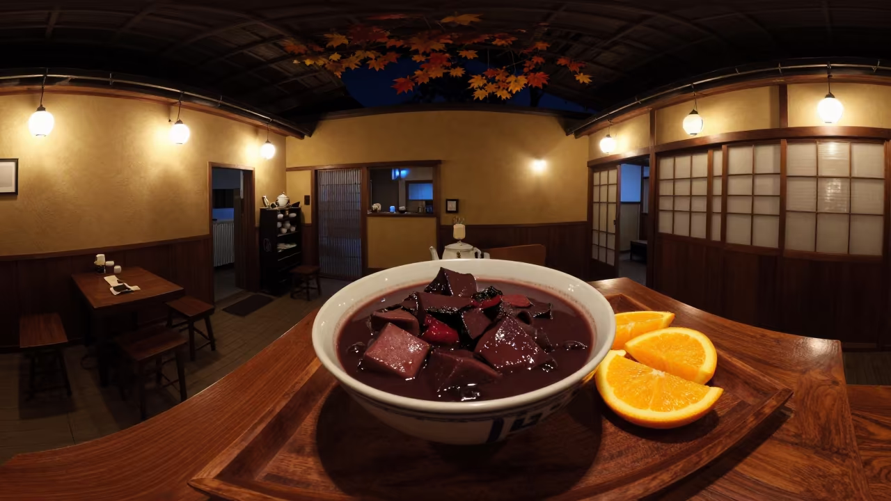 Feijoada Bowl With Orange Slices On Tray in on a tea house tray in Fukuoka