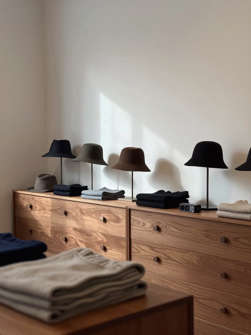 Felt Hats and Knits in Syracuse Showroom in inside a minimalist showroom in Syracuse