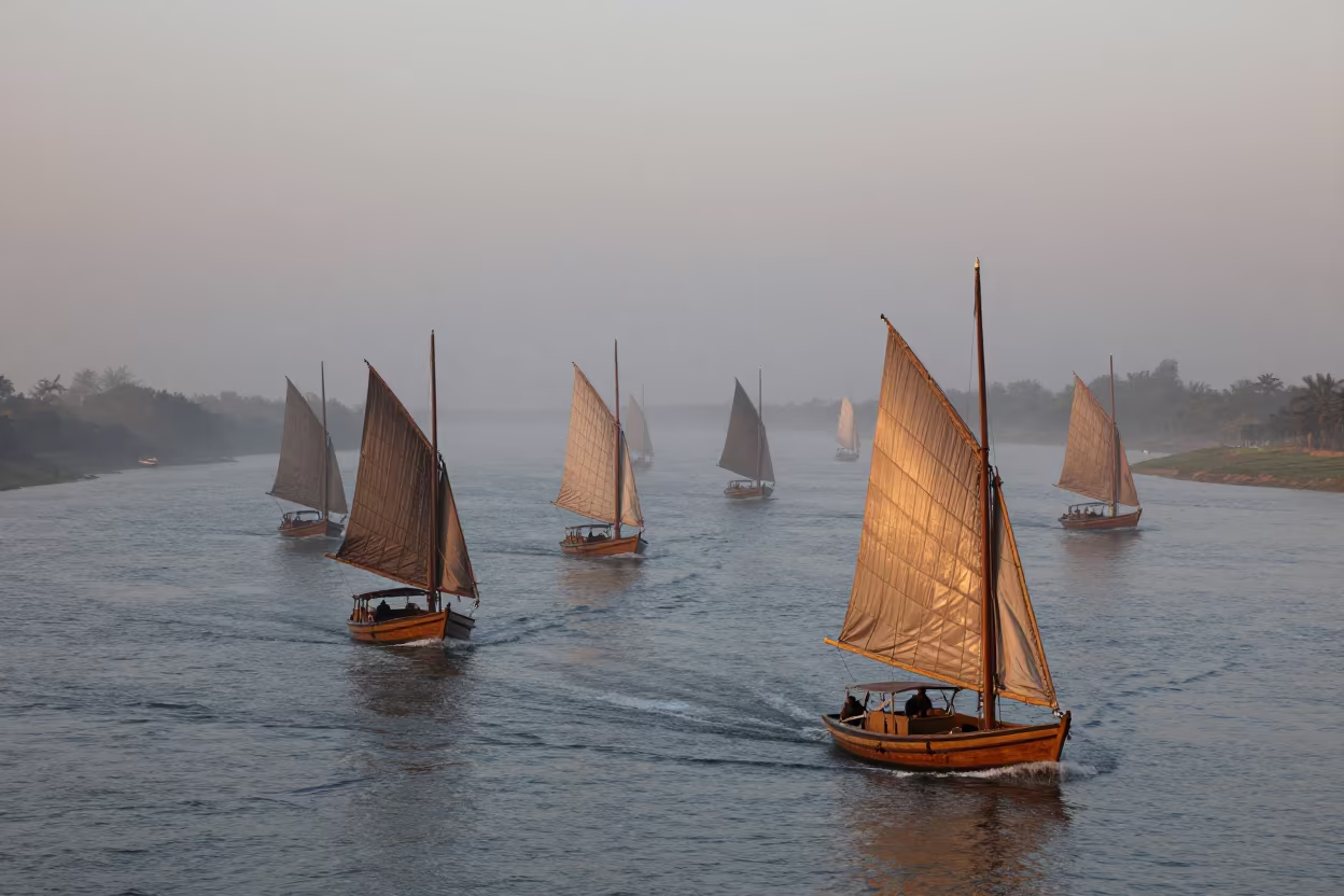 Fleet of Feluccas on the Nile at Sunset Mist in in Liaoning
