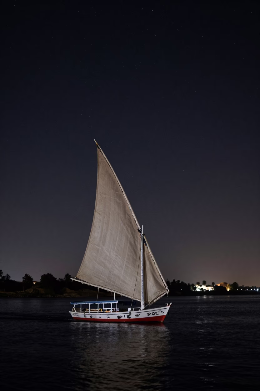 Felucca Sailing in Luxor at The Deepest Night Sky Light in in Luxor, Egypt