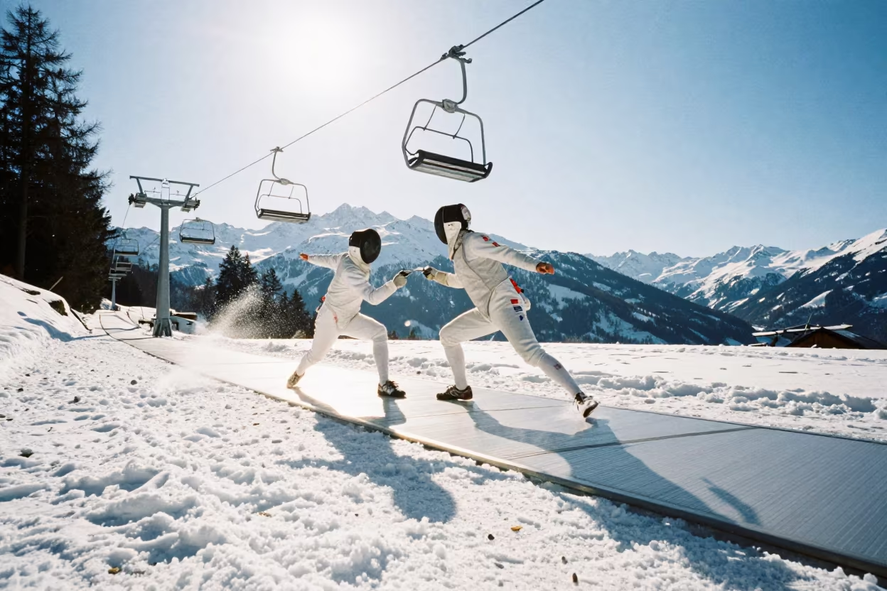 Fencer Lunging on Snow Under Chairlift in beneath a chairlift on a snow-packed run near Innsbruck