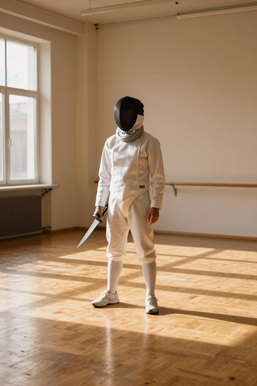 Fencer Mask Foils and Shoes in Golden Hour Light in in a rehearsal room in Faiyum
