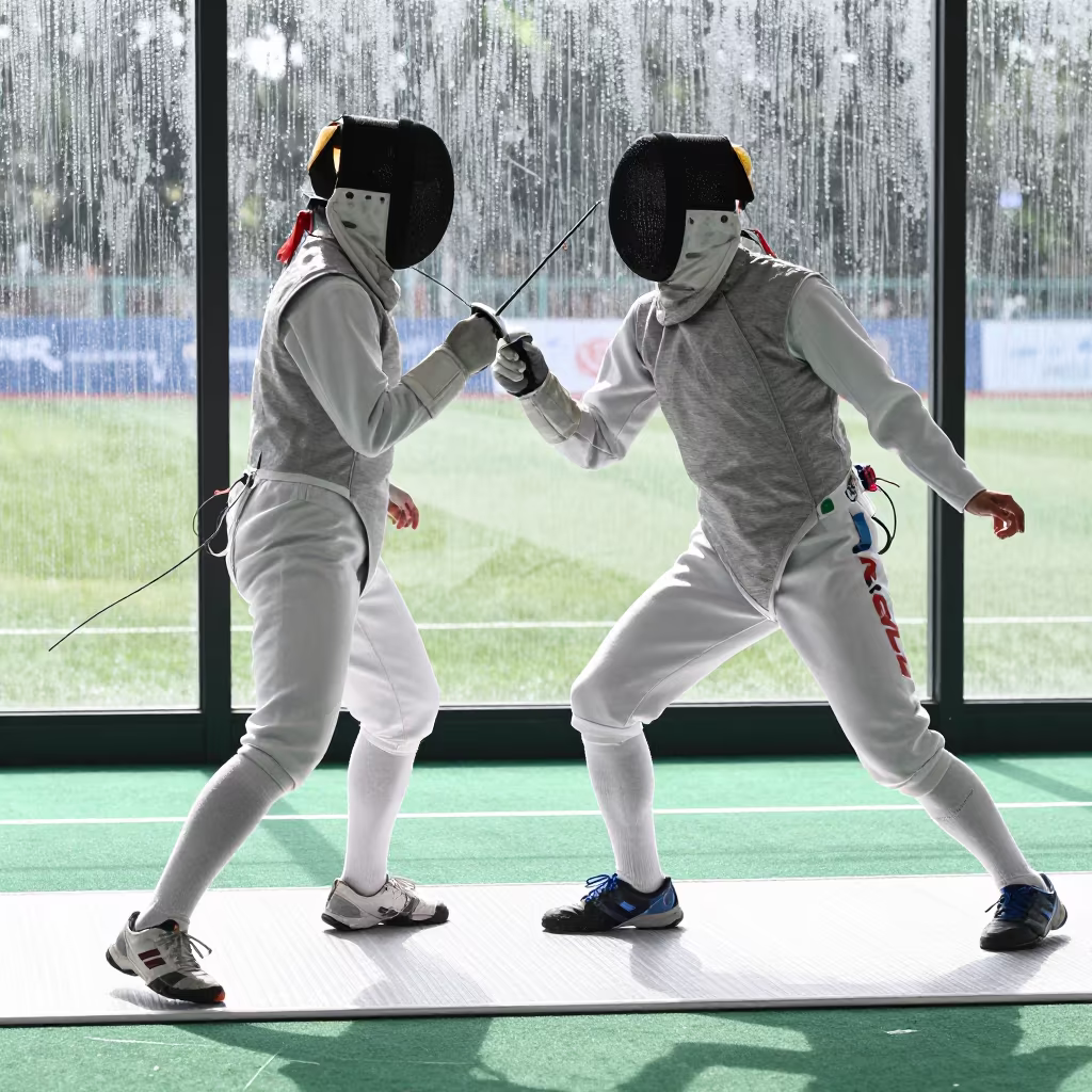 Fencer Removes Mask After Winning Touch in Studio in in a studio in Kut