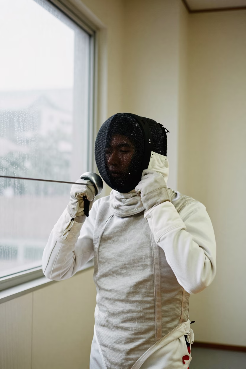 Fencer Removes Mask After Winning Touch in Tokyo Studio in in a studio in Tokyo