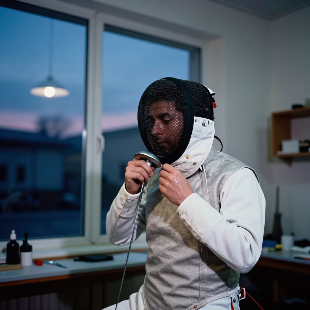 Fencer Removes Mask After Winning Touch in Workshop in in a workshop in Çanakkale