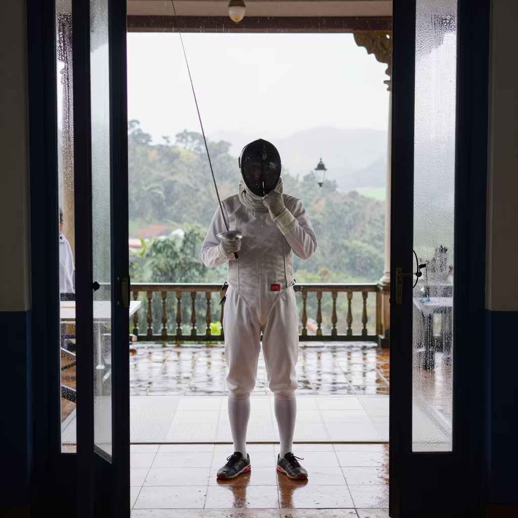 Fencer Removes Mask After Winning Touch in in an atelier in Ouro Preto