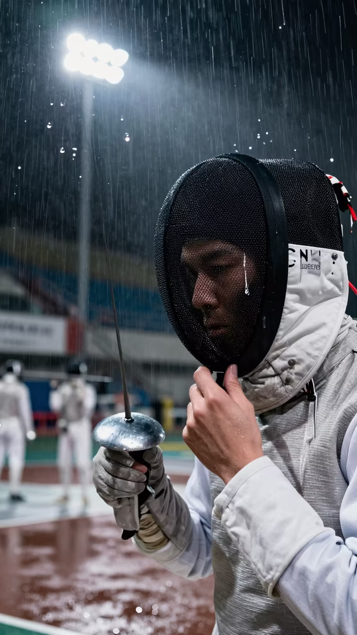 Fencer Removes Mask Amidst Frozen Raindrops in in an atelier in Lubeck
