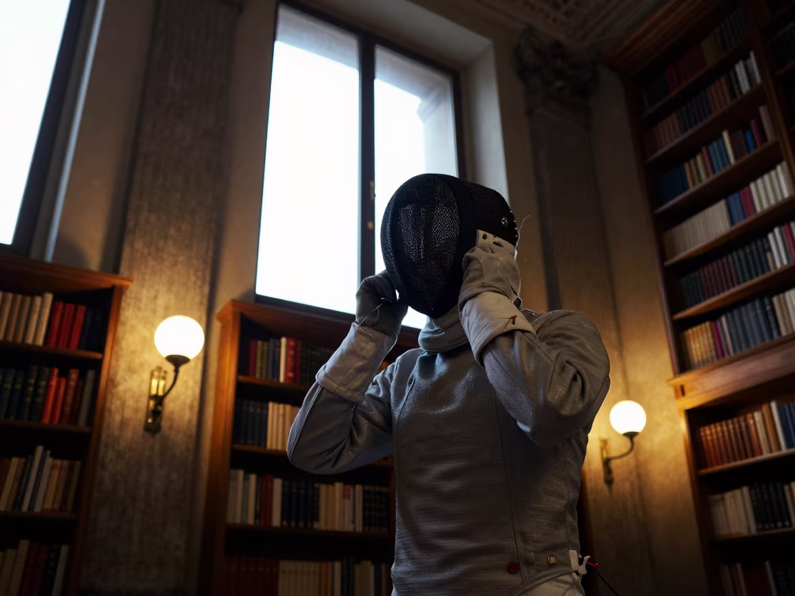 Fencer Unmasks in Naples Library Evening in in a library reading room in Quartieri Spagnoli, Naples