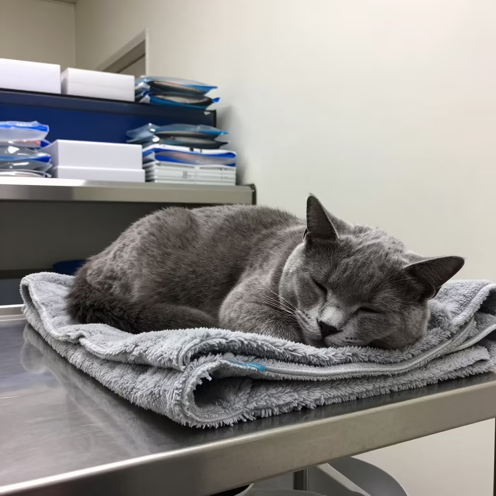Feral Cat Blanket on Shelf in Fish Shop in inside a fish bagging counter zone near Bonon
