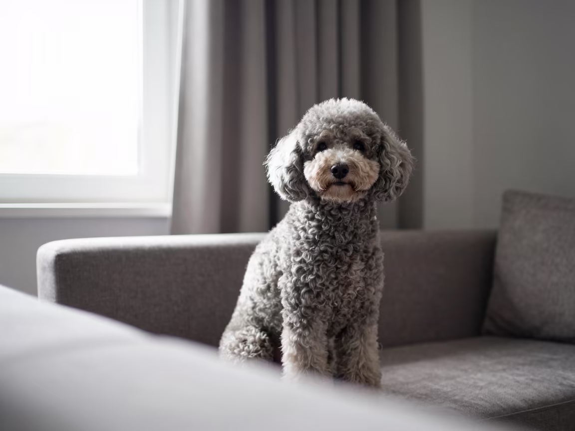 Fergana Poodle Portrait Noon Window Light in on a sofa near a curtained window with calm indoor light in Fergana
