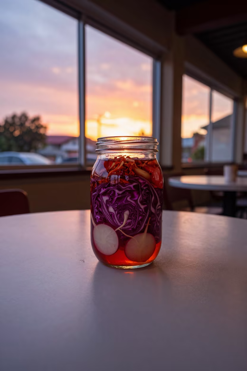 Fermenting Kimchi Jar on Cafe Table in on a cafe table by a window in Cabimas