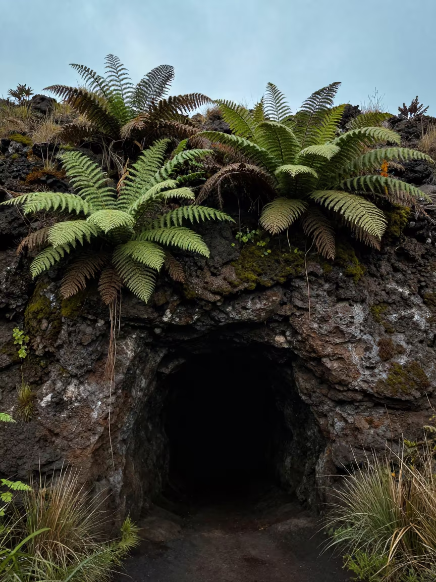 Fern Covered Lava Tube Cave Entrance Peru Noon in in Peru
