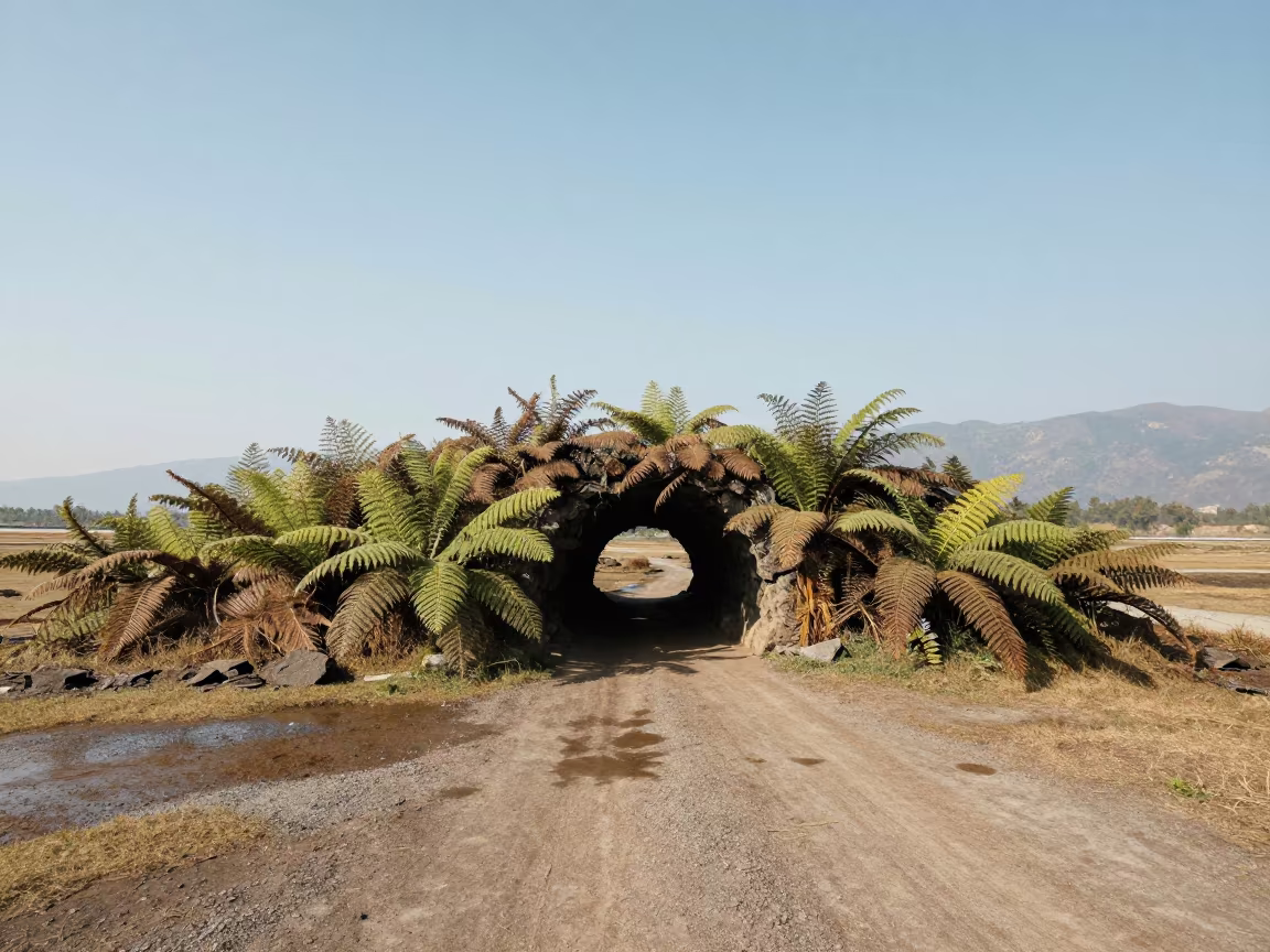 Fern Covered Lava Tube Cave Entrance in across a floodplain after rain near Pokhara
