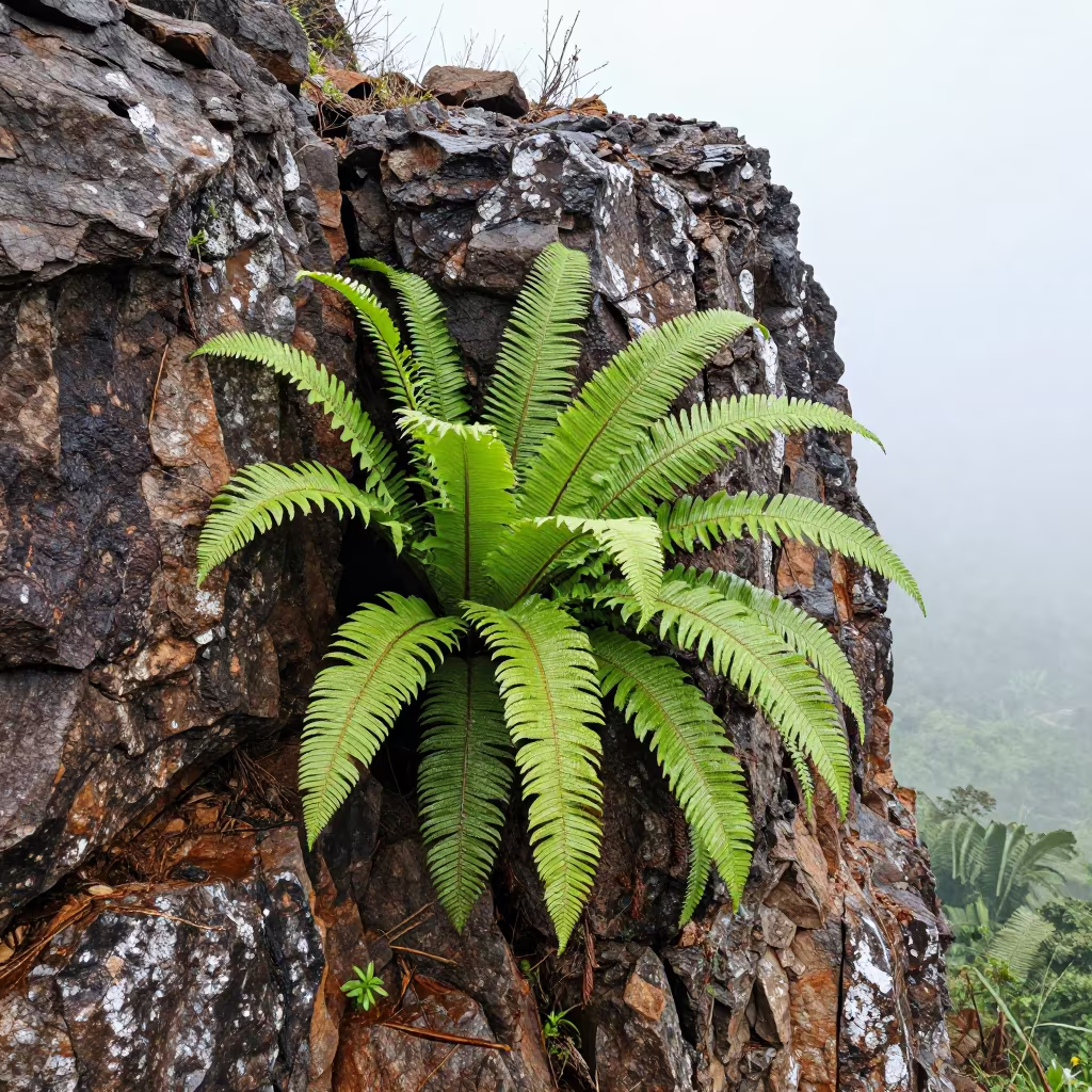 Fern Crook on Kerala Cliff After Rain in along a salt-sprayed cliff edge in Kerala