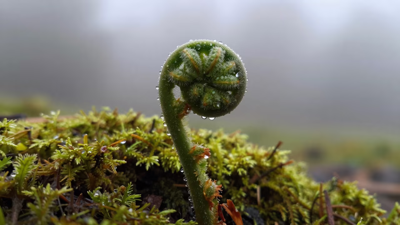 Fern Fiddlehead Unfurling on Moss in First Light in on dew-soaked moss near Porto-Novo