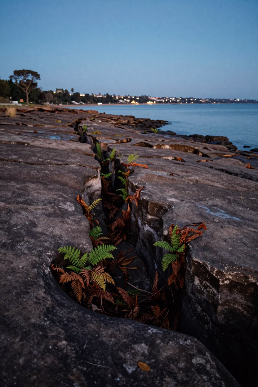 Fern-Filled Fissures on Limestone Shore at Dusk in along a wave-cut shoreline near Lusaka