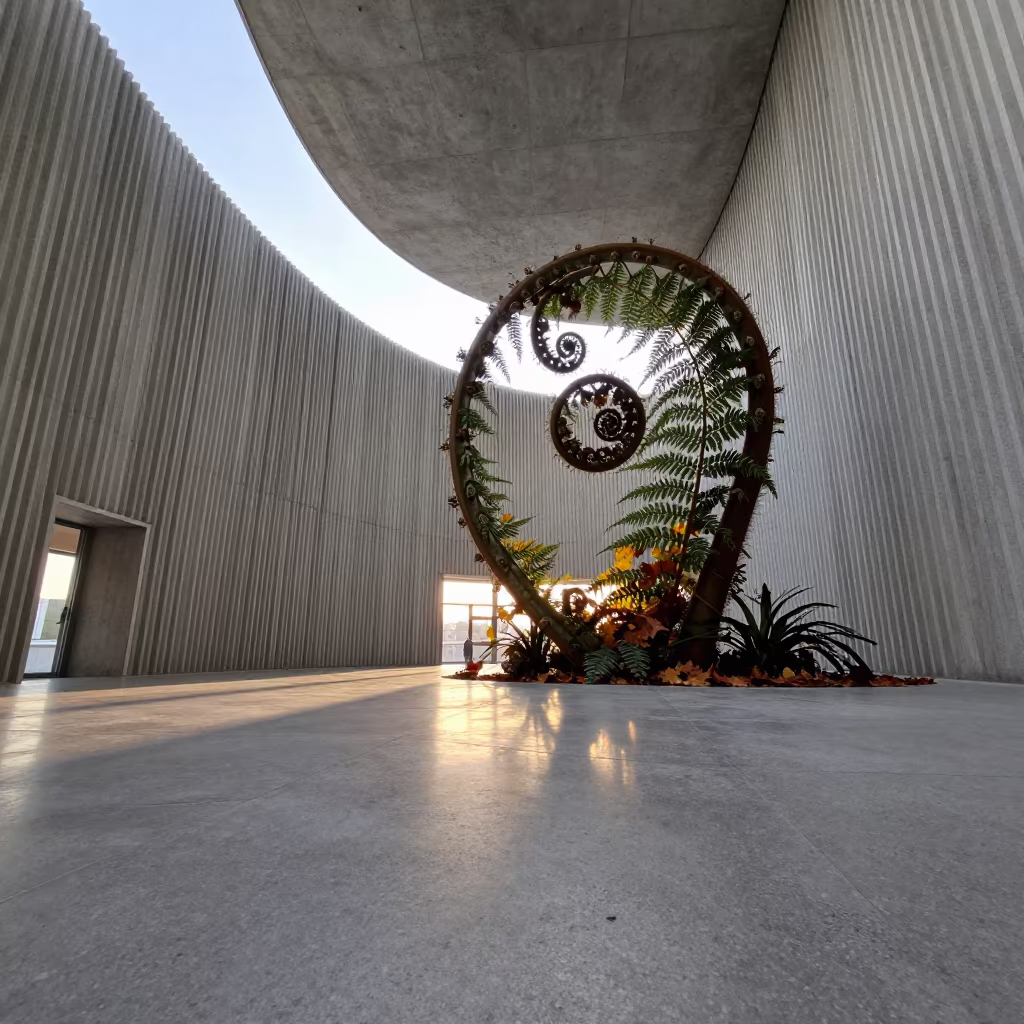 Fern Frond Spiral Uncoiling in Concrete Lobby in inside a ribbed concrete lobby near Opole