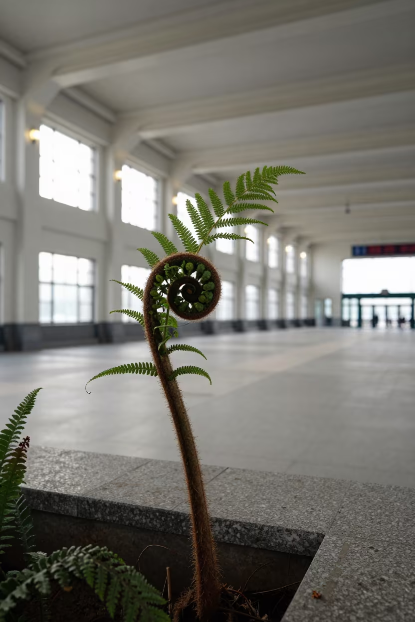 Fern Frond Spiral in Winter Train Terminal Light in inside a restored train terminal near Changchun