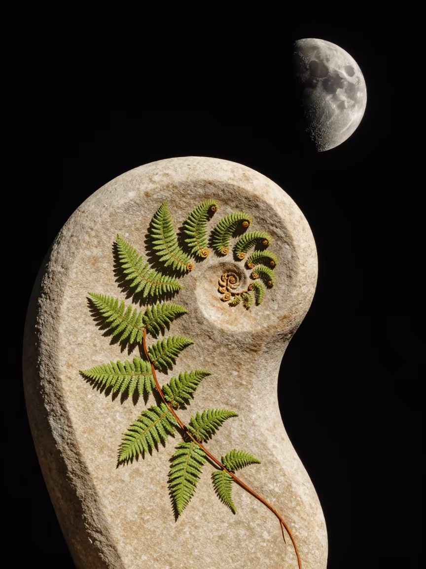 Fern Frond Uncoiling Under Lunar Sky in inside a skylit passageway in Gyeongju