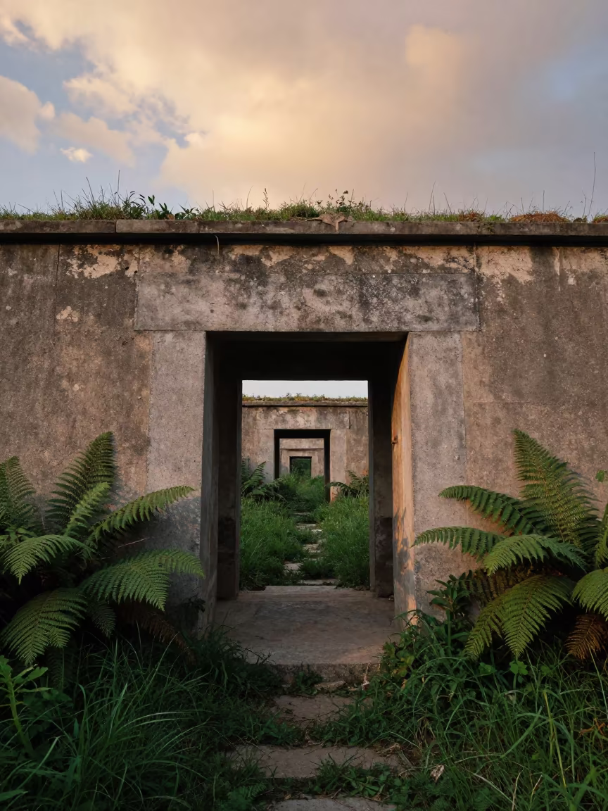 Fern-Lined Hill Fort Entrance Surreal Horizon in through a courtyard reclaimed by grasses in Henan